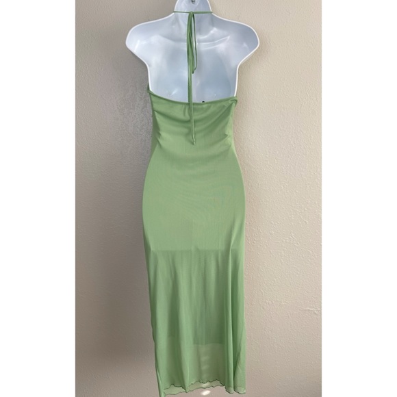 See You Monday green mesh ruched halter maxi bodycon dress M - Picture 5 of 10
